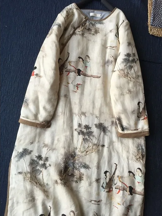 

Retro Button Cotton Jaet Autumn Winter Print Lin Long Sve Dr Women's Clothing Comfortable Thiened Commute Sle