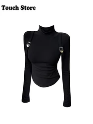Spring Women Dark Academia Core Top 2000s Aesthetic Turtleneck T-Shirt Long Sleeve Tee Shoujo Coquette Japanese Y2k Harajuku New