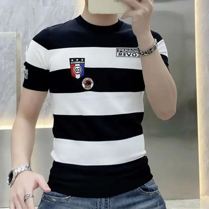 2023Tee Shirt Homme Personalized Striped Contrast Heat Drill Slim Fit Elastic Ice Silk Short Sleeve T-shirt Round Neck MenTshirt