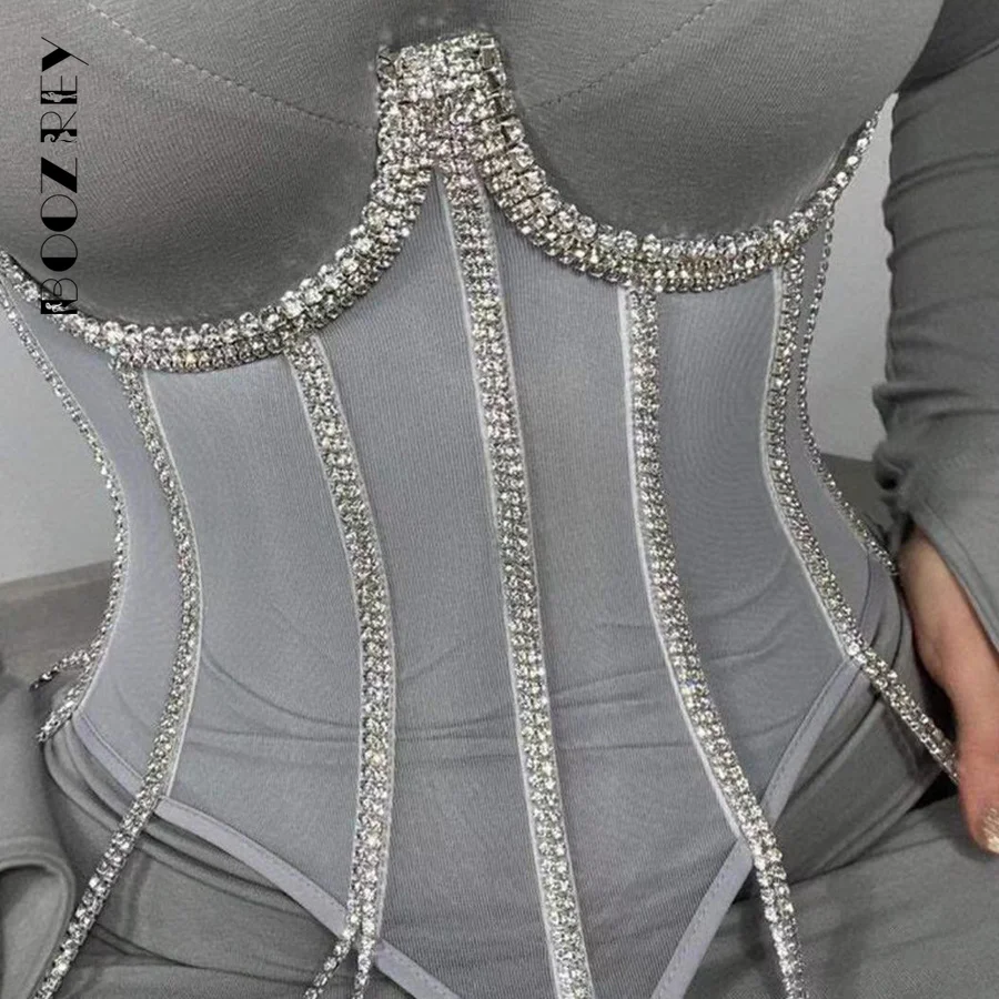 BoozRey Outerwear Top Sequined Rhinestone Chain Vest Suspenders Transparent Lace Corset Hot Girl Tops for Women Y2k Crop Tops