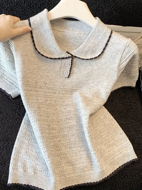 

Elegant Short Sleeve Knitted Hollow out Neck Top for Women College Style Thin Fashionable Versatile Breathable Summer T-...