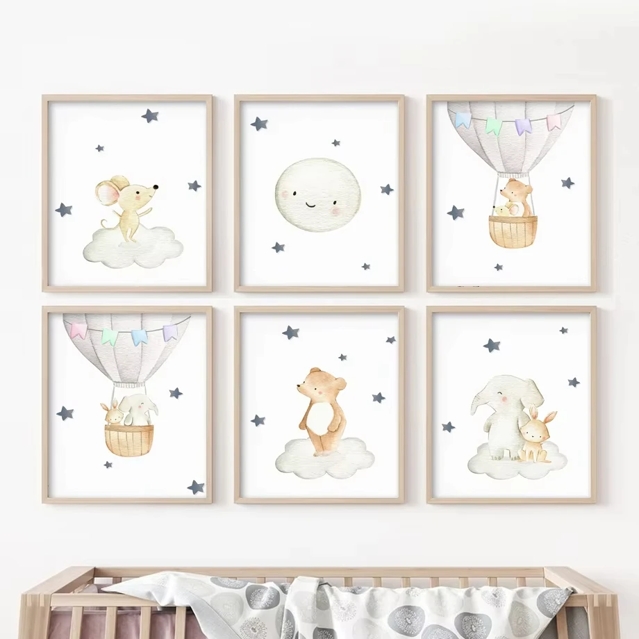 

Watercolor Elephant Rabbit Bear Moon Hot Air Balloon Poster Nursery Wall Art Print Canvas Painting Pictures Baby Kids Room Decor