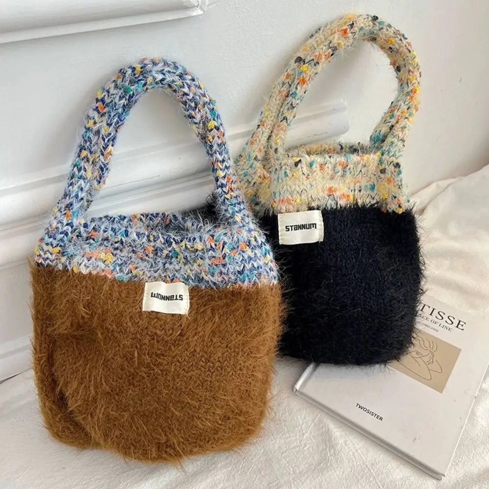

Easy To Carry Kawaii Knitting Shoulder Bags Simple Fashion Trend Tote Bag Handmade Soft Plush Knitted Tote Bag Women