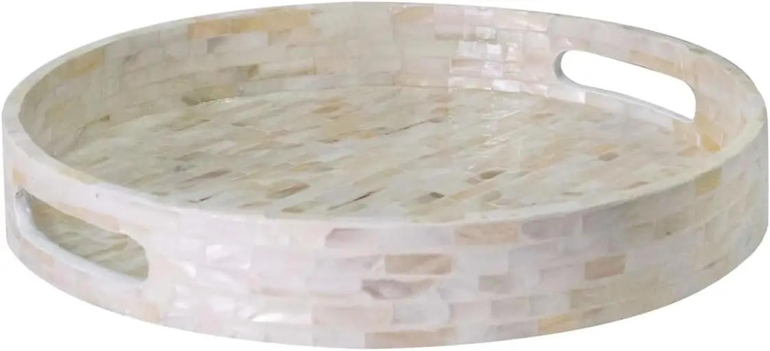 

12.6" Round Mother of Pearl Serving Tray with Handles, Decorative Wooden Coffee Table Tray in White Mosaic