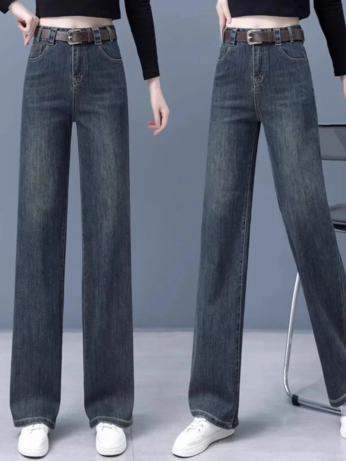 

High Waist Wide Leg Jeans Women's Autumn 2023 Slim Straight Loose Vintage Long Pants Deep Color Faion Ladies' Denim