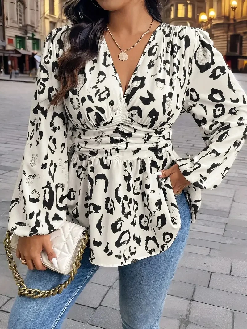 Neues Leopardenmuster Modisches und Elegantes Übergrößen-Damen-Langarmhemd mit Taillenbetonung – Detail 9