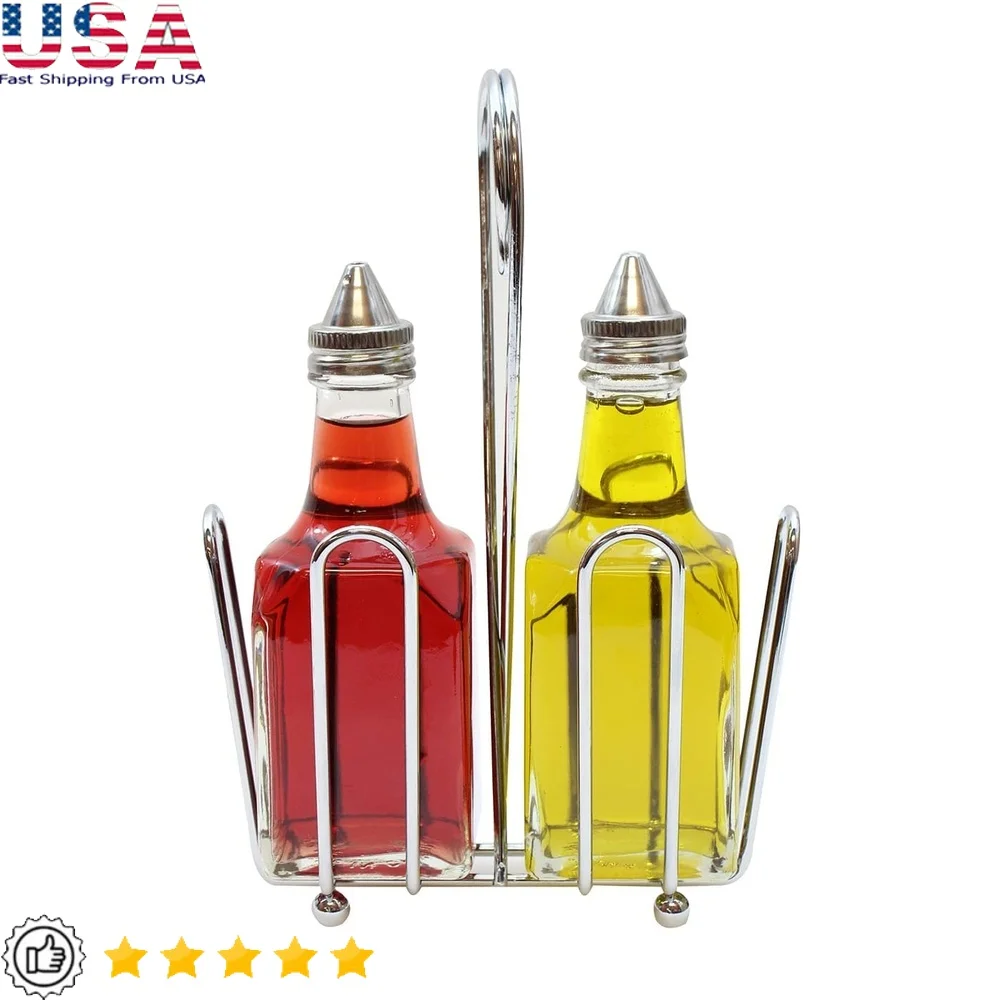 

Oil and Vinegar Dispenser Set Clear Glass Bottles Stainless Steel Tops Chrome Plated Rack Dishwasher Safe Kitchen Storage 6oz 2
