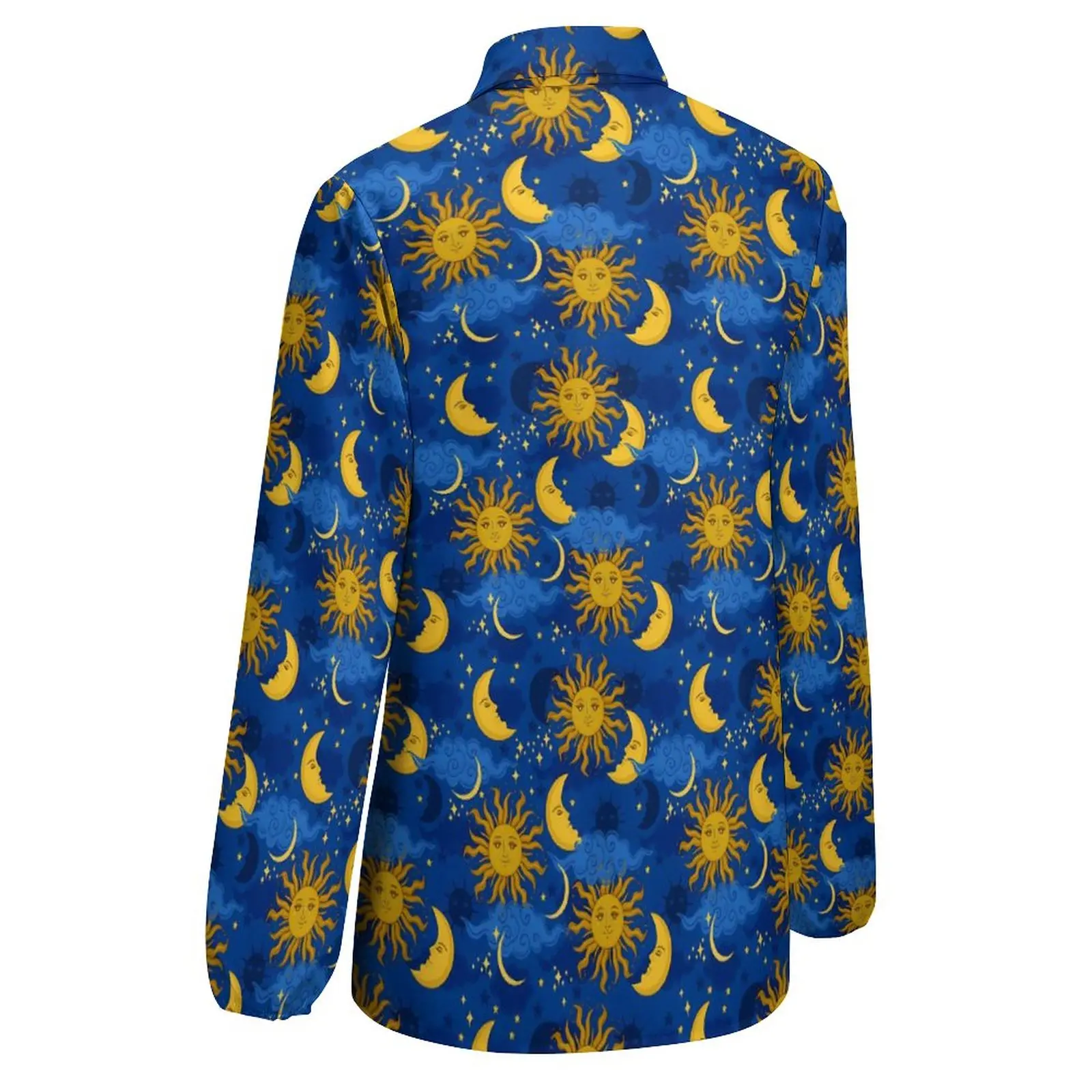 Stars Sun Moon Celestial Blouse Long Sleeve Blue And Gold Retro Blouses Women Casual Oversized Shirts Graphic Top Gift Idea