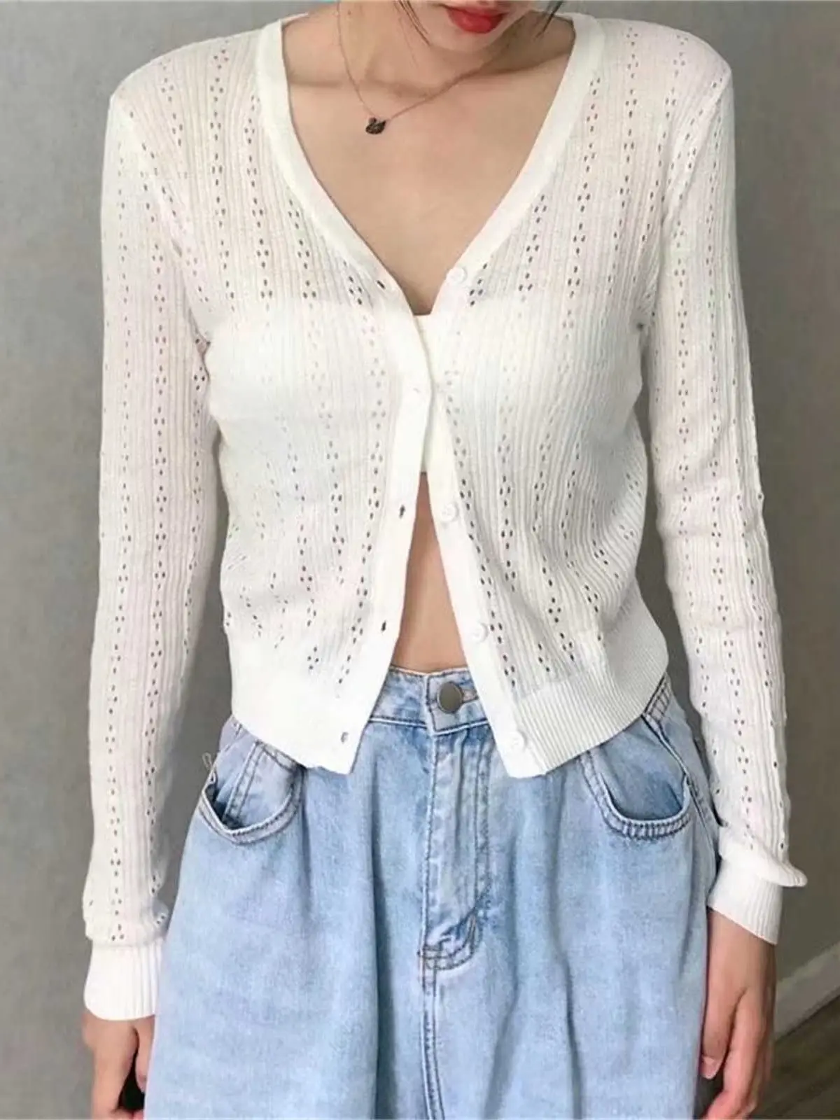 Elegant Women V Neck Knitted Hollowed Shirt 2022 Spring-autumn Fashion Ladies College Style Single Breasted Set Female Solid Top