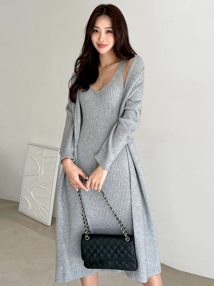 New Knit Sweater 2 Pieces Outfit Women Mujer Simple Cardigan Loose Long Coat Tops And Sleeveless Dress Ladies Set Street Clothes