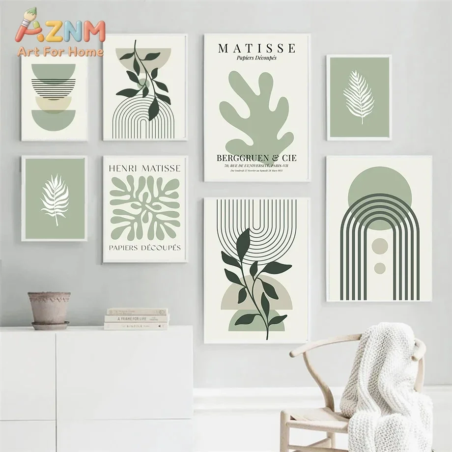2026 Sage Green Leaf Geometry Line Canvas Painting Matisse Abstract Boho Wall Art Poster And Prints For Living Room Home Wall De