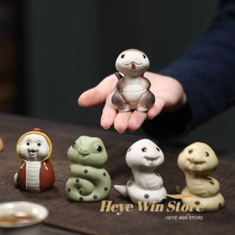 Yixing Purple Clay Tea Pet Snake Ornament, Twelve Different Cute Spirit Snake Sculptures Tea Set Tea Ceremony for Nourishing