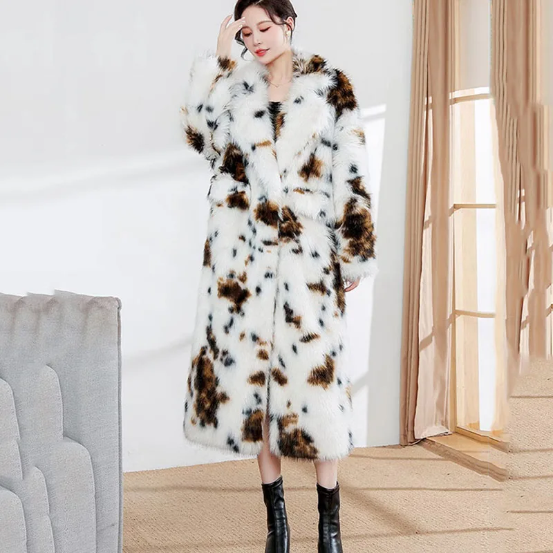 Damski płaszcz ze sztucznego futra w panterkę 2025 Nowy zimowy długi płaszcz z anty-łosia Wysokiej jakości luźny i modny pluszowy płaszcz z nadrukiem H615