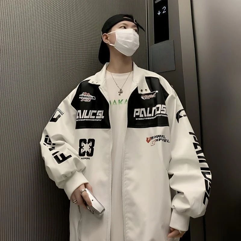 

High End Men's Autumn Jacket Loose Fit Stand Up Collar PU Leather Motorcycle Coat with Multi Color Print​