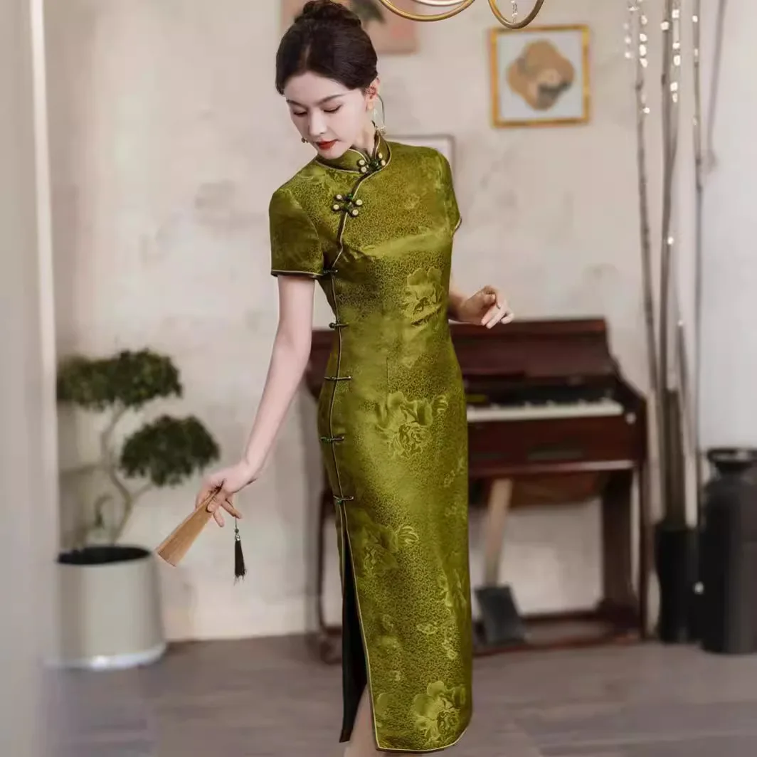 High-End Green Quality Real Silk Cheongsam Qipao Summer Women's Retro Improved Dress Chinese Style Chi-Pao