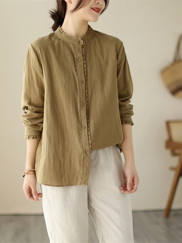 

Retro Sle Pure Cotton Long Sve irt Women's Loose Fit Casual Top Embroidered Patchwork Stand Collar Spring Autumn