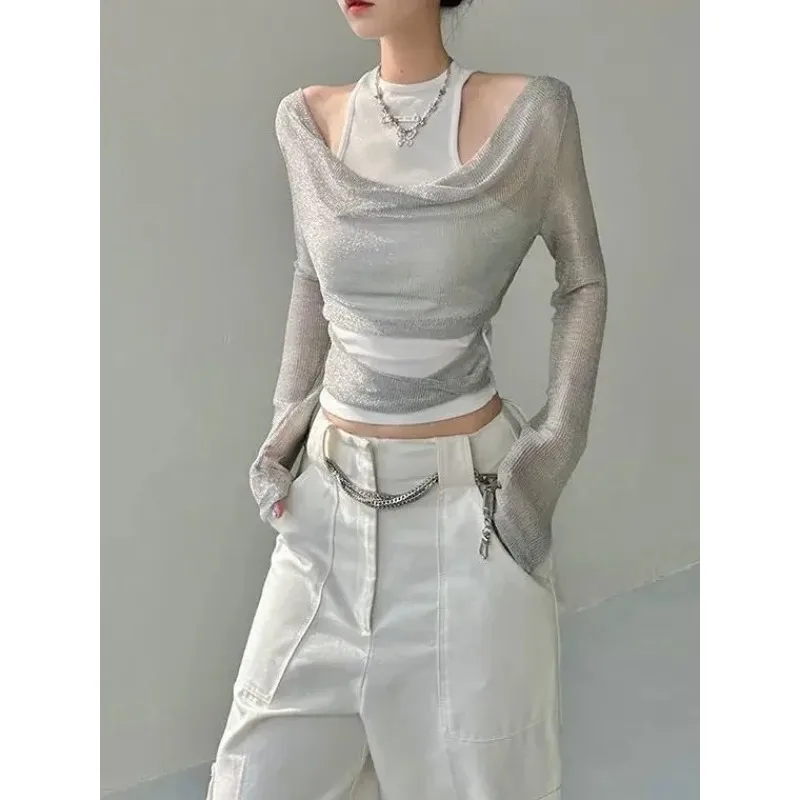 

Gothic Y2k Girl Two-piece Suit Vest T-shirt Top for Women Autumn Spring Slim Mesh Long-sleeved Shirt Aesthetic Clothes Tshirt