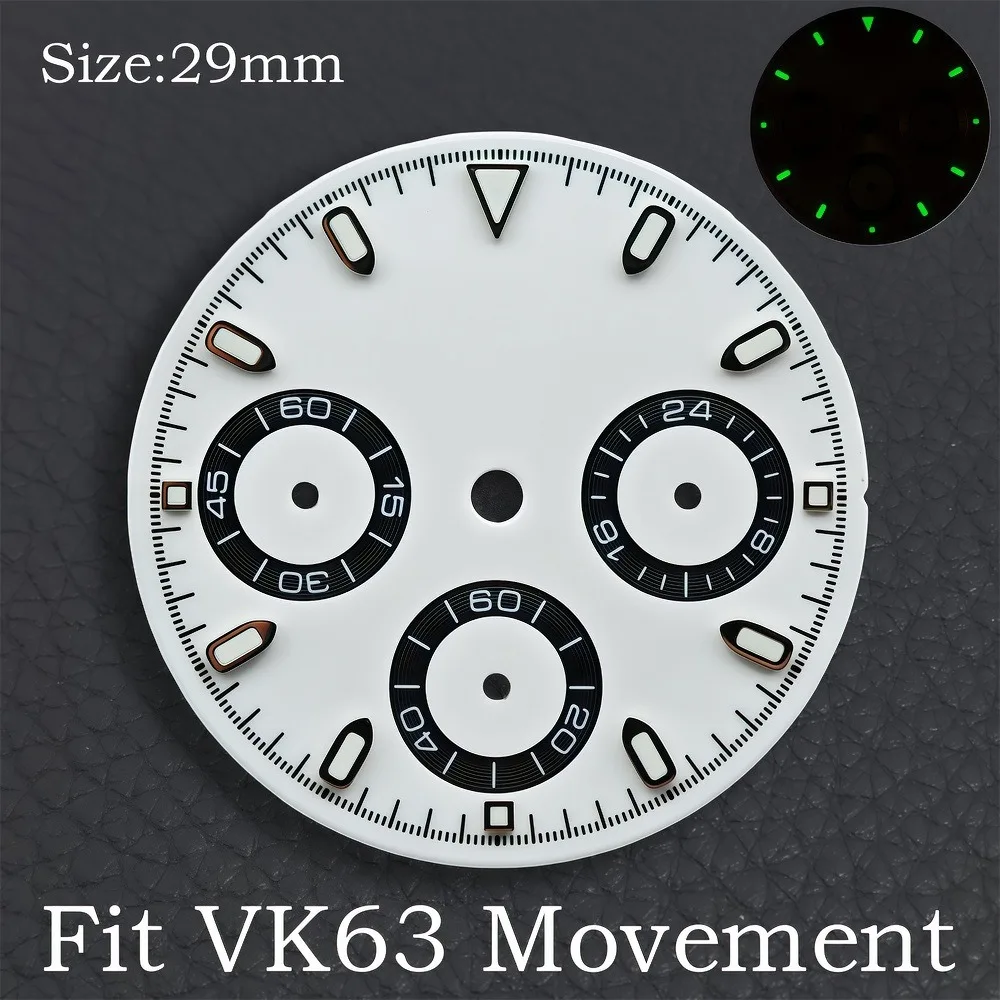 VK63 29mm Dial Watch Hands Green Luminous Chronograph Face Fit vk63 Movement Fit 39mm Watch Cases  Men's Watch Accessories