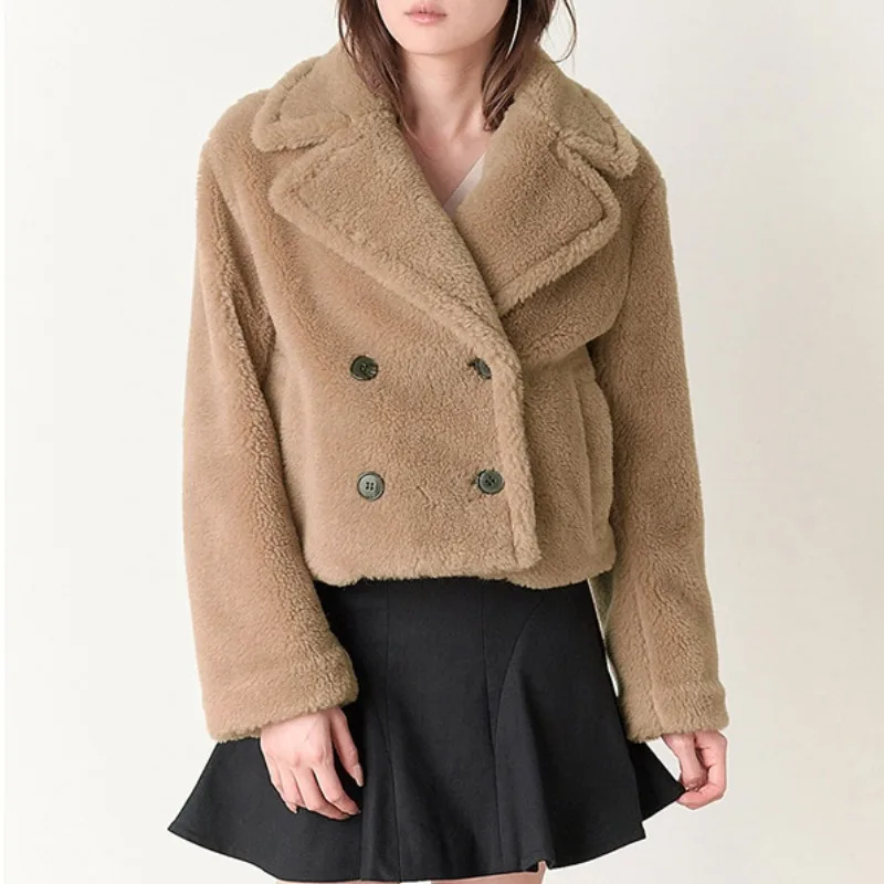 

Japanese Kawaii Warm Hooded Coats Loose Casual Double-breasted Short Jackets 2024 Autumn Winter Chic Plush Outwears Female