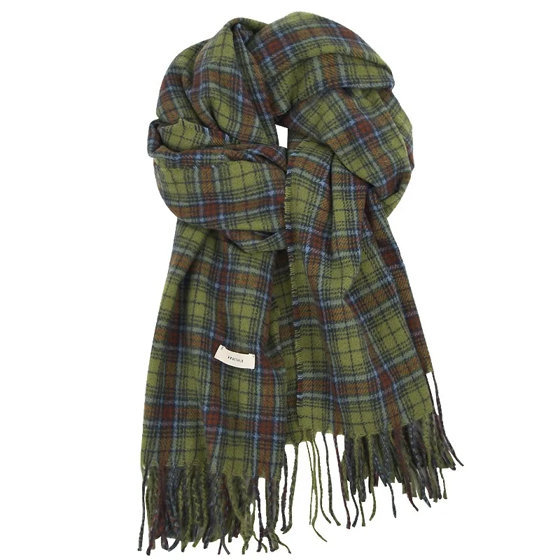 Vintage Green Plaid Scarf Women Autumn Winter Neck Warmer Fashion Tassel Soft Pashmina Shawls And Wraps Female Blanket 200cm