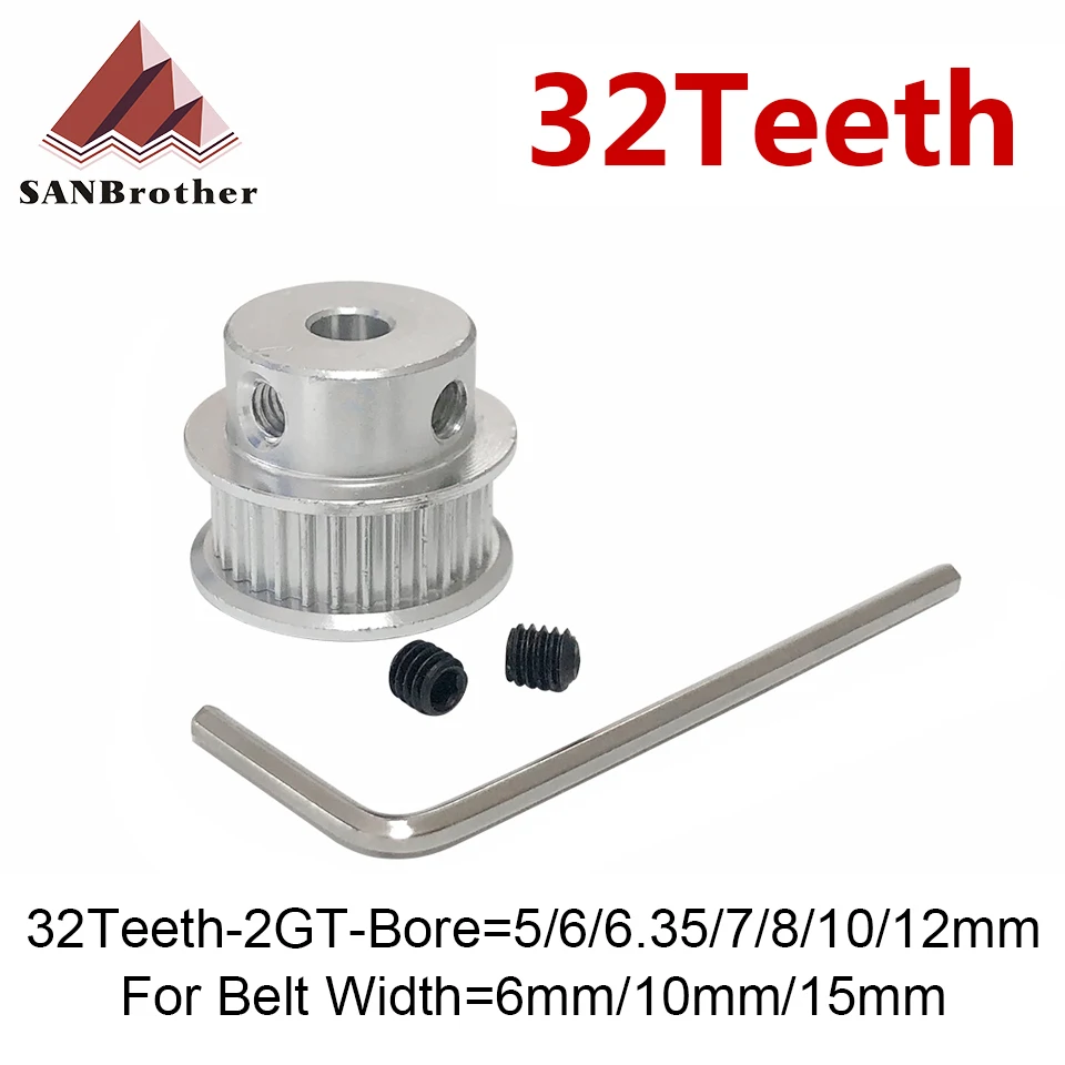 

32 teeth GT2 Timing Pulley Bore 5mm 6mm 6.35mm 8mm 10mm for belt used in linear 2GT pulley 32Teeth 32T