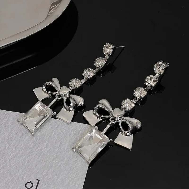 

925 Silver Needle Chic Bow Square Zircon Tassels Stud Earring for Women Fine Customized Jewelry Minimalist Accessories Wholesale