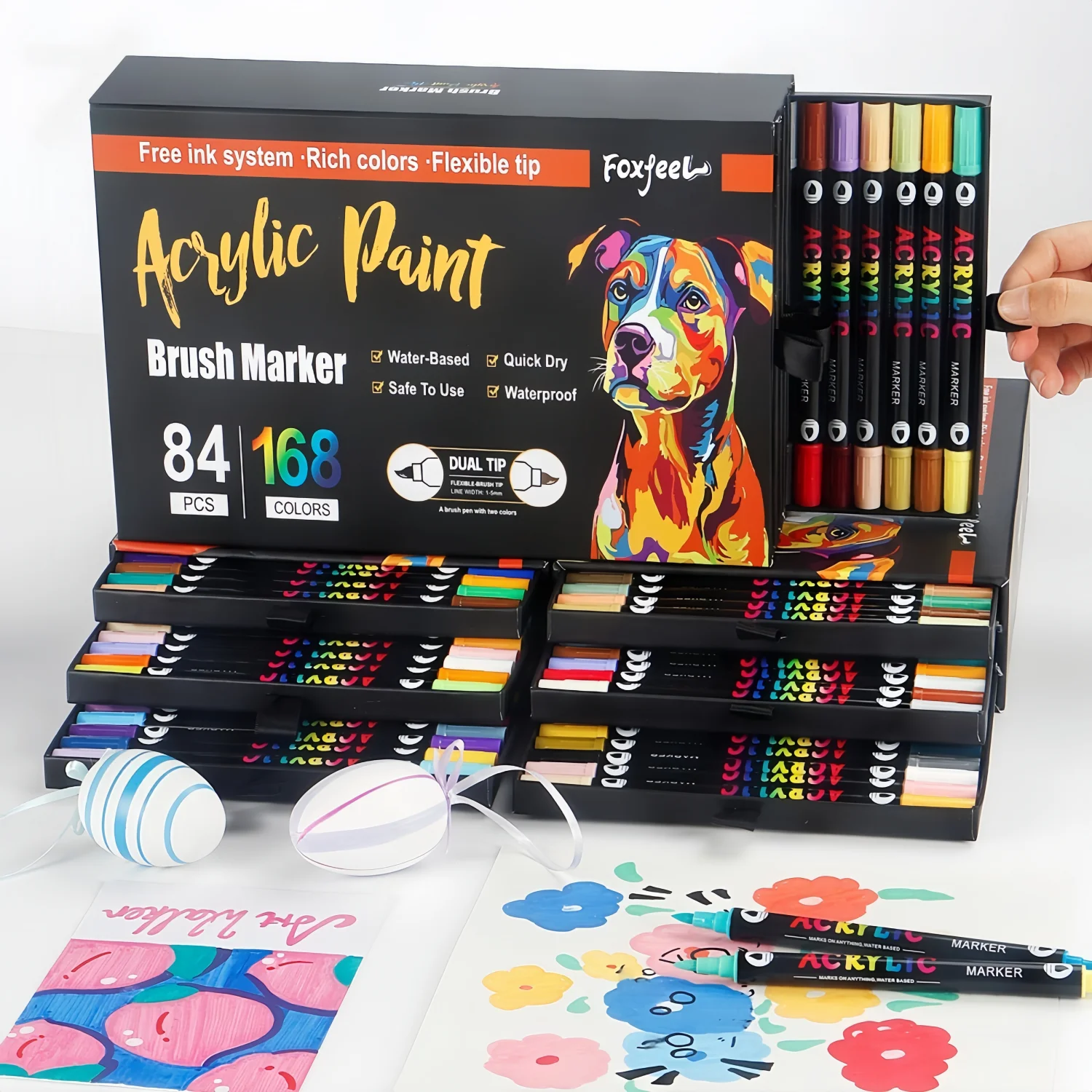 

96/120/168 Colors Acrylic Paint Markers,Dual-Color Brush Tips, Double Tips Acrylic Paint Pens,Drawer Organizer,for Rocks, Eggs