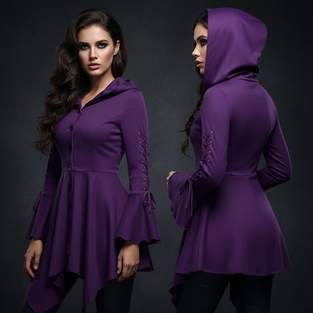 

Женская готическая куртка-накидка с капюшоном, нерегулярный подол, куртка в стиле панк с рукавами лотоса для наряда и косплея