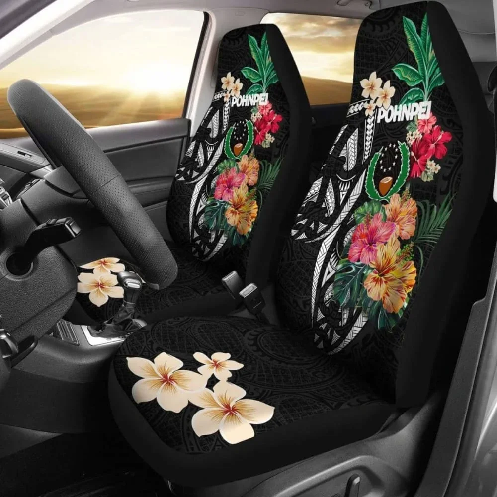 Pohnpei Car Seat Covers Coat Of Arms Polynesian With Hibiscus,Pack of 2 Universal Front Seat Protective Cover