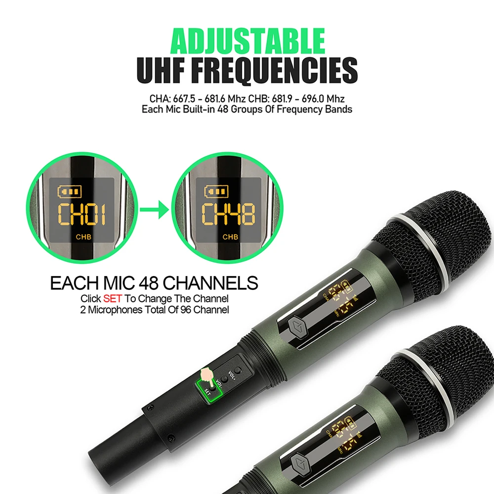Rechargeable Battery Microphone 2 Channel UHF Wireless Microphone Dual Handheld Dynamic Adjust Frequency For Stage 200ft DL602