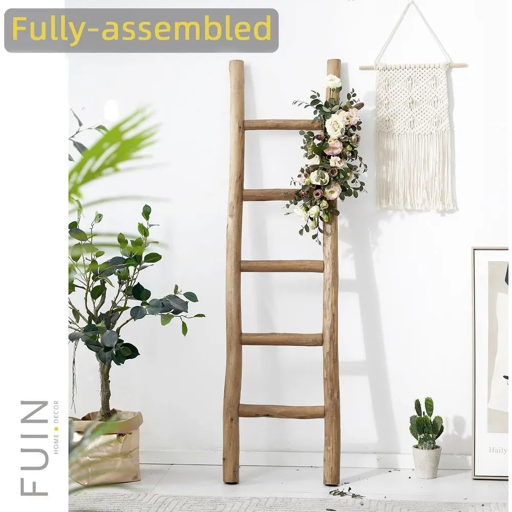 57 Escalera de manta de madera ensamblada: exhibición rústica de colcha de pared estilo granja y toallero para sala de estar y baño, marrón