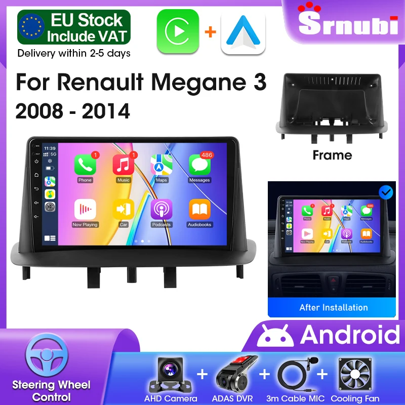 Autoradio Srnubi pour Renault Megane 3 Fluence 2008 2009 2010 2011-2014, lecteur vidéo multimédia 2Din, Carplay, Android auto, stéréo, prise en charge de l'écran partagé, Bluetooth, musique
