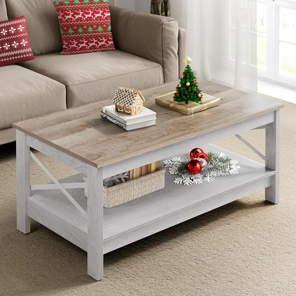 Coffee table modern farmhouse with storage, 2 floor living room table wooden living room table with sturdy frame, grey wash