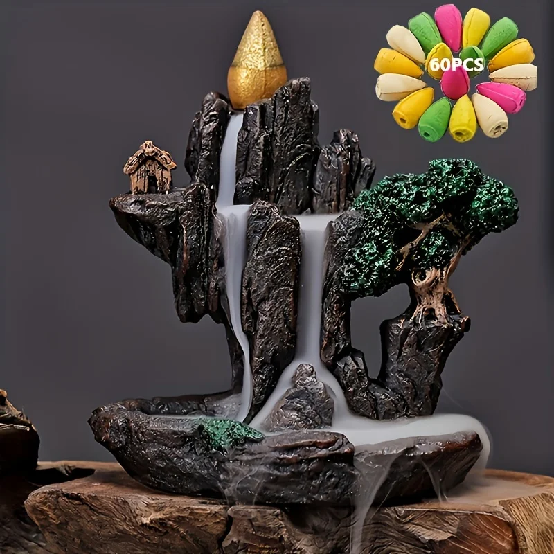 1pc montagnes rivière cascade Reflux brûleur d'encens fontaine reflux arôme fumée encensoir artisanat à la maison + 60 cônes d'encens