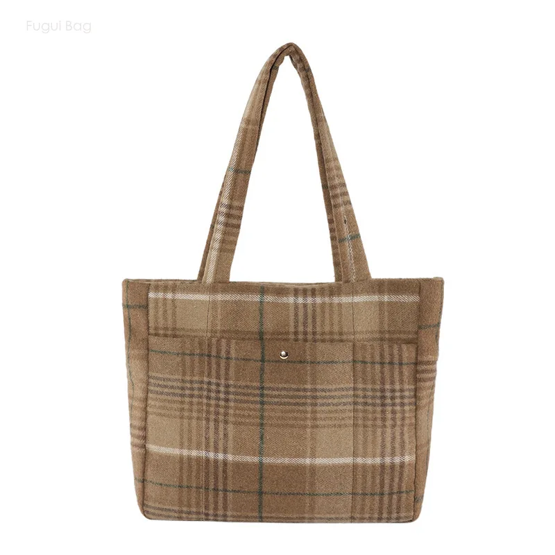 Women's Single Shoulder Handbag Underarm Tote Bag Minimalist Woolen Plaid New Style High Aesthetic Value Casual and Versatile