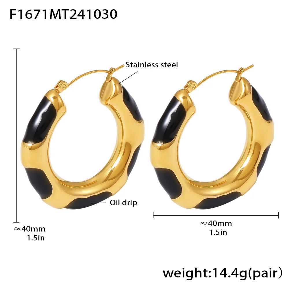 Chic Round Stainless Steel Earrings for Women Gold Plated C Shape Black Enamel Ear Hoop Daily Jewelry Gift Wholesale image 6