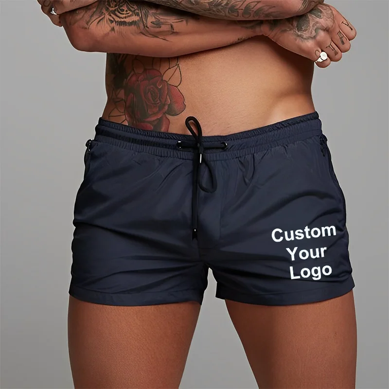 Mens Custom Your Logo Swimwear Sports Quick Dry Athletic Workout Super Short Length Beach Swim Trunks with Zipper Pockets