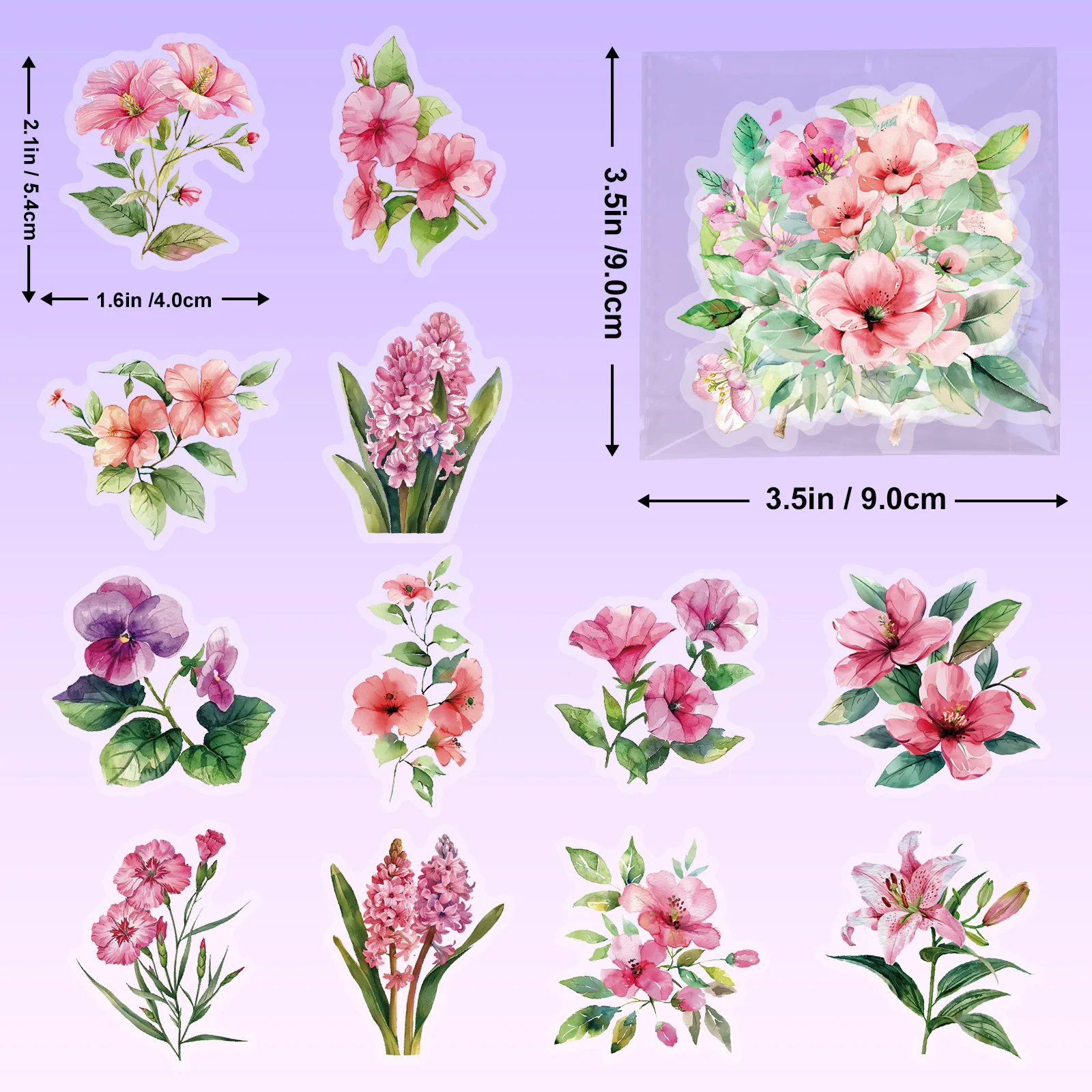 50Pcs Pink Flower PET Material Transparent Waterproof Stickers DIY Bookkeeping Diary Creative Decorative Stickers