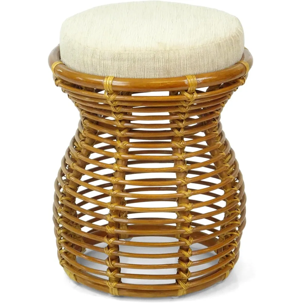 Handmade Natural Rattan Wicker Ottoman Stool Vanity Bedroom Fully Assembled Colonial Color