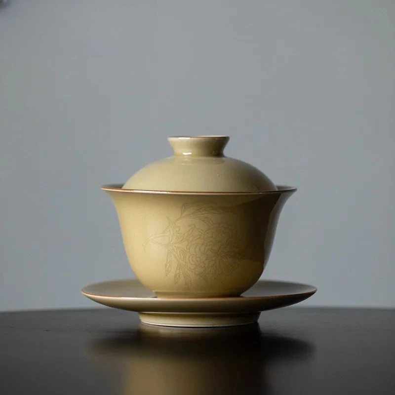 

150 мл Ding Kiln, желтая сложенная ветка, рельефная гаваньская чайная вареная чаша ручной работы с крышкой, комплект, крышка, миска для чая