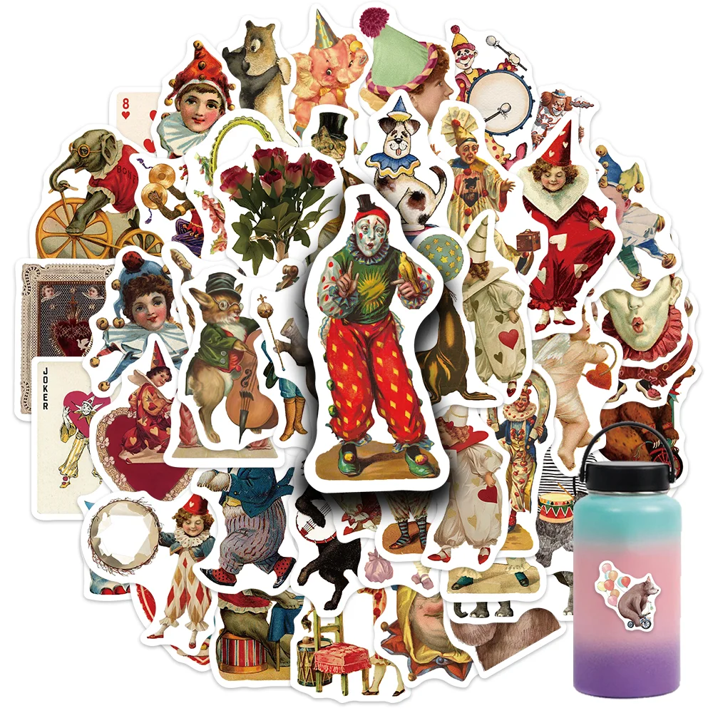 50PCS Vintage Circus Acrobatics Clown Vinyl Stickers Decals for Water Bottle Laptop Skateboard Scrapbook Luggage Kids Toy