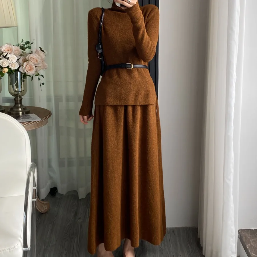 Koreaanse Sle Slim Fit Gebreide Trui Hoge Kraag Dames Dr Riem Inbegrepen Tweedelige Set Lange Rok F-hoge Kraag