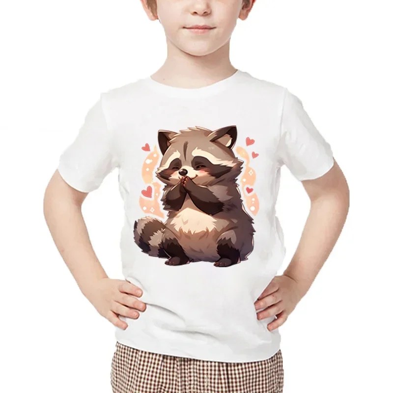

Raccoon Print T-shirt Kids Casual Cartoon Style Round Neck Tee Shirt Raccoon Heart Pattern Summer Short Sleeve Boy Girl Tshirt