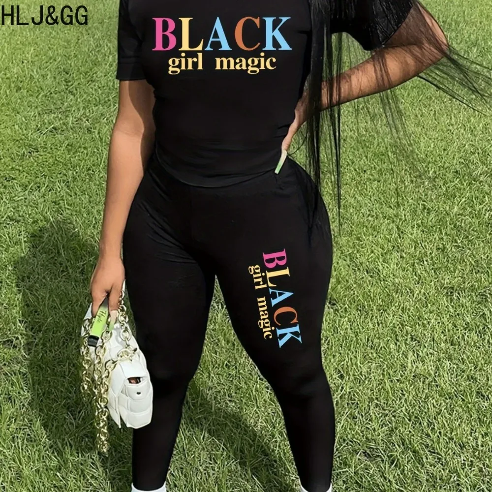 

HLJ&GG Casual Letter Printing Sporty Jogger Pants Two Piece Sets Women Round Neck Short Sleeve Tshirt + Pants Tracksuits Outfits