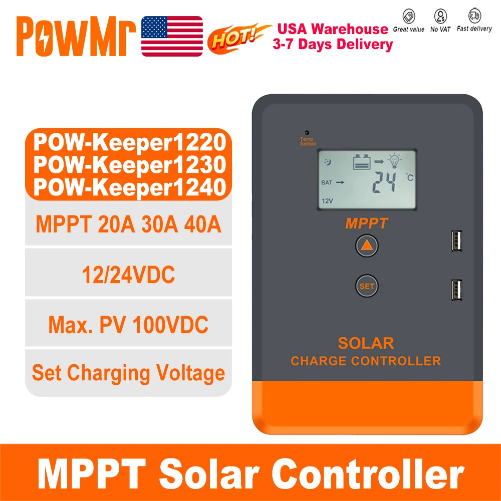 

PowMr USA 20A 30A 40A MPPT Solar Charge Controller LCD Display for 12V 24V Power Bank AGM Gel Flooded Lithium Batteries Charger