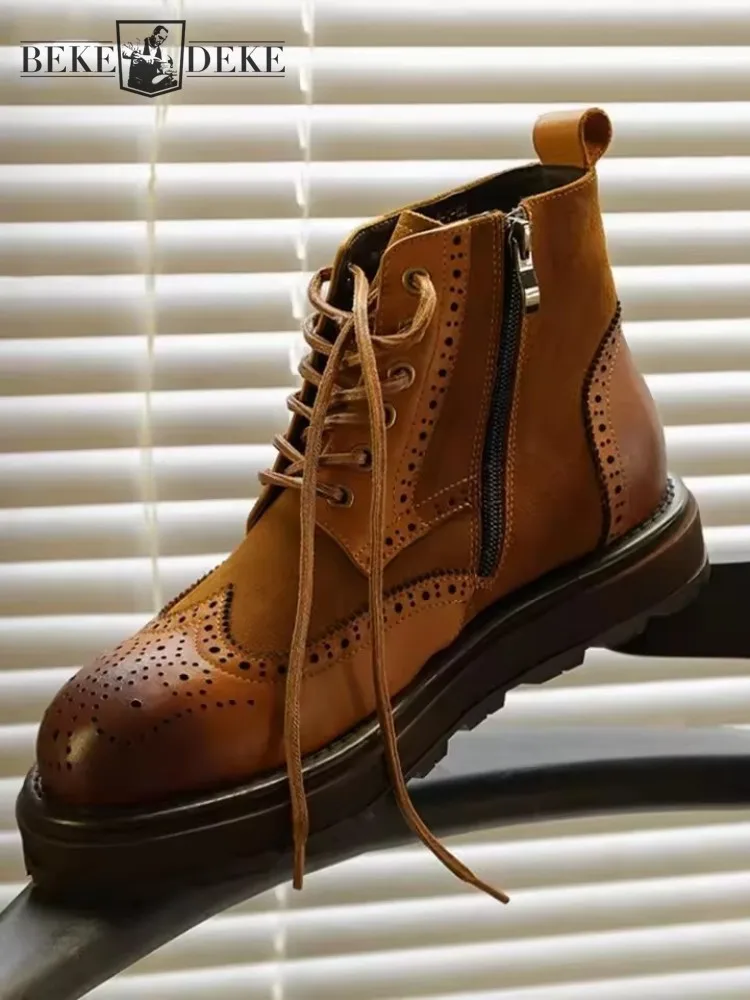 British Style New Mens High Top Wing Tip Business Work Ankle Boots Spliced Lace Up Thick Platform Cowhide Genuine Leather Shoes