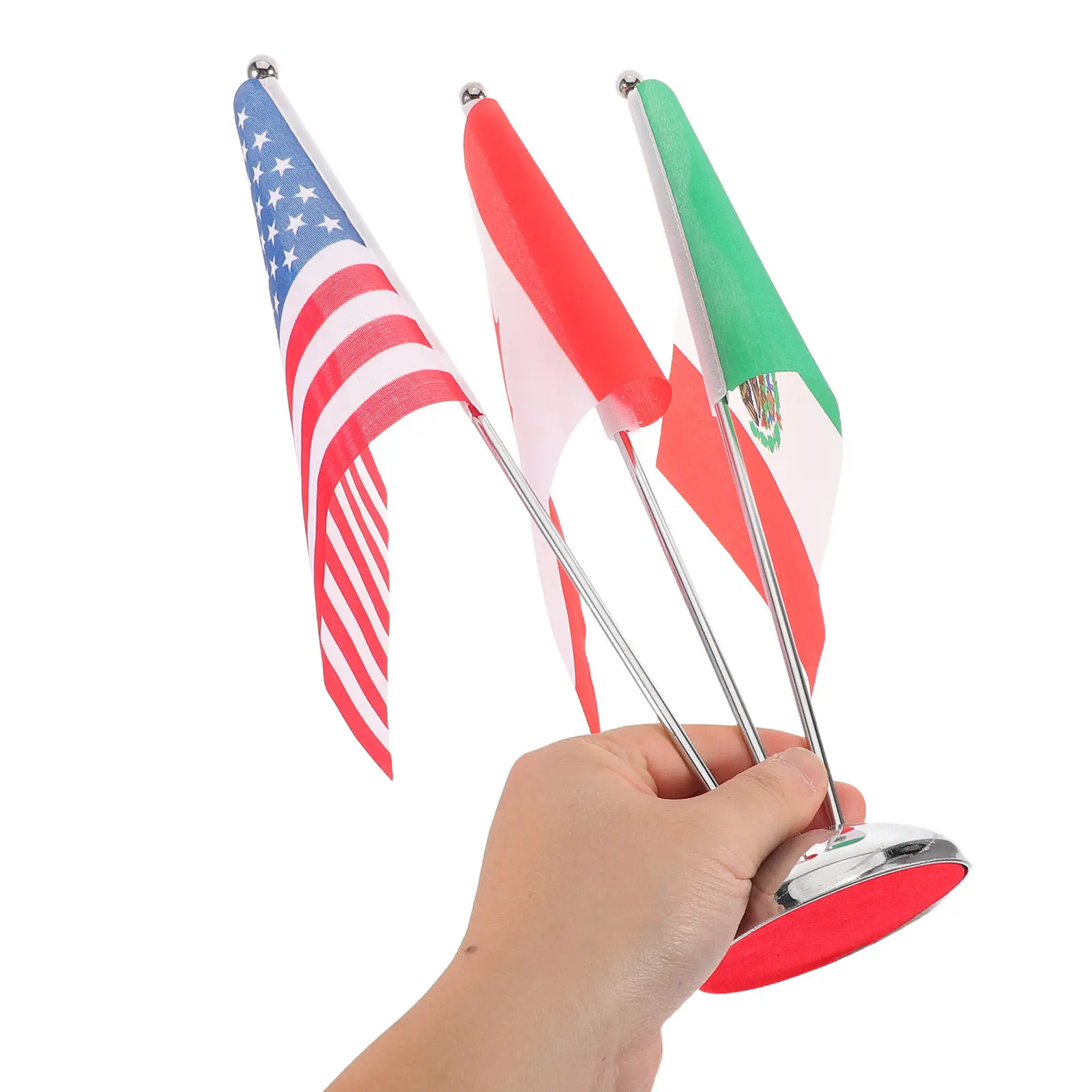 1Set Miniature Usa Canada Mexico Table Flags Metal Desk Flag Holder Stainless Steel Pole Stand Desktop Decoration Office