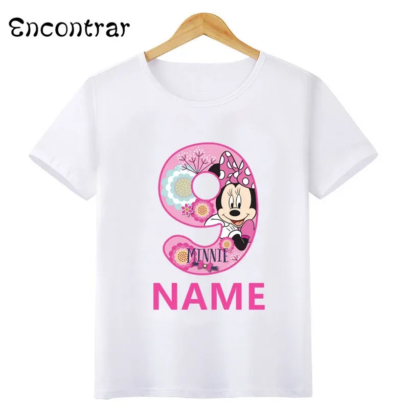 Disney Minnie Mouse Number Bow Graphic T shirt Kids Clothes 1 2 3 4 5 6 7 8 9 Years Birthday Baby Girls Party T-Shirts Boys Tops