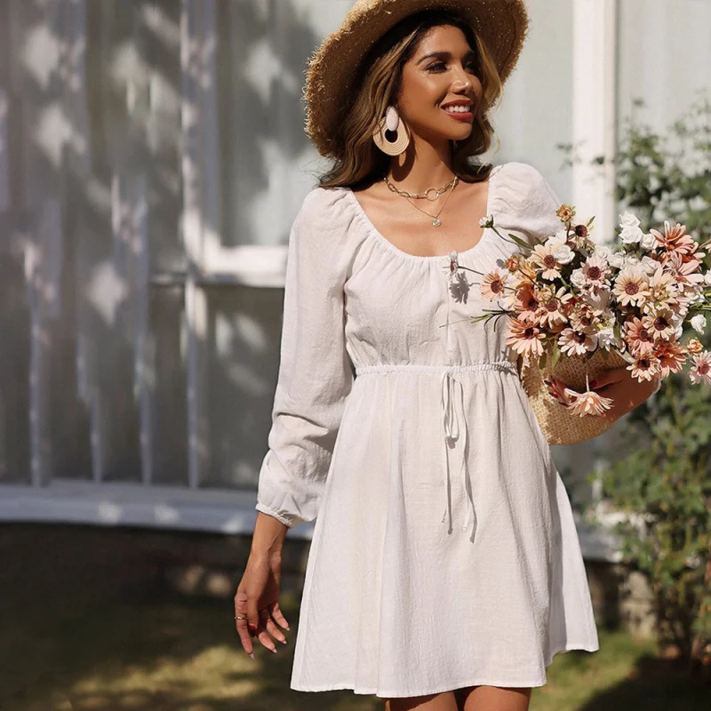 

YQ1-Women's Spring and Summer New Loose Casual Vacation Long Sleeve Elastic WaistPSquare CollarAIn-stock Letter Dress