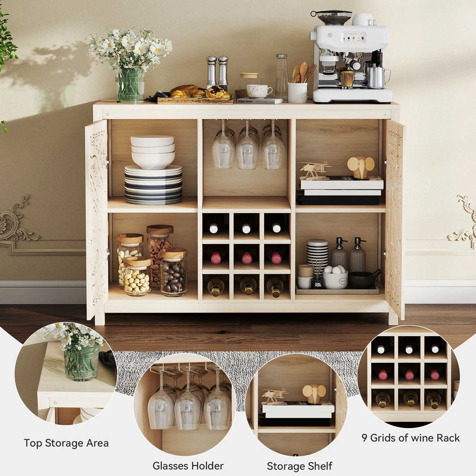 Wine Bar Cabinet MDF with 2 Doors Buffet Storage Liquor Cabinet with Wine Rack and Glass Holder for Kitchen Living Dining Room